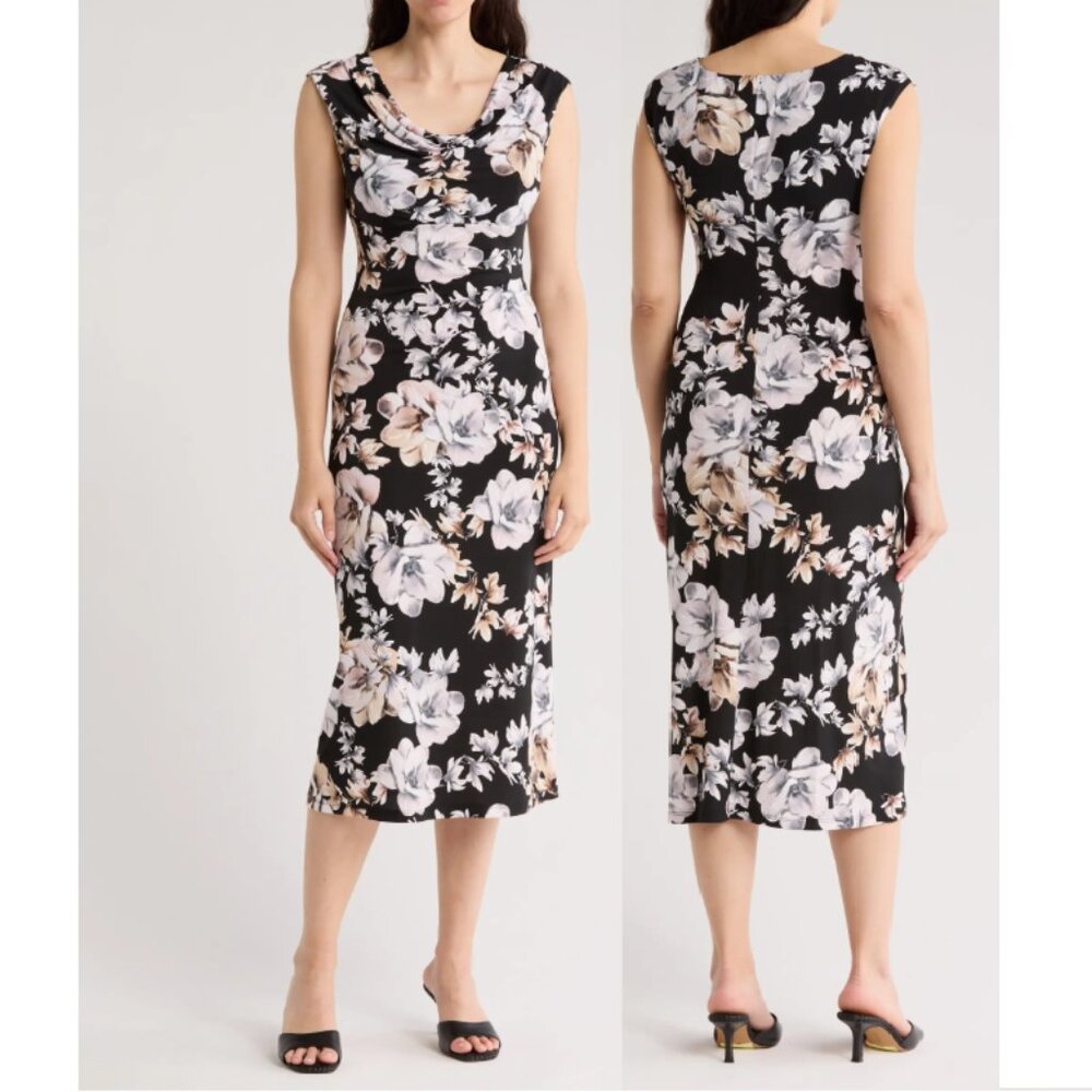 Drape Neck Midi floral black Dress Connected Apparel new sz S-M 6